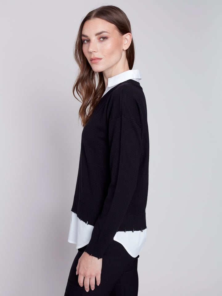 Knit V-Neck Sweater With Blouse Insert