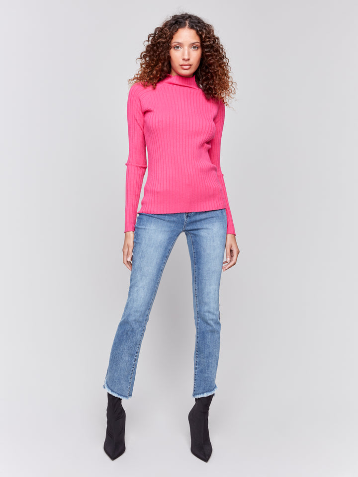 Mock Neck Ribbed Fine-Knit Sweater