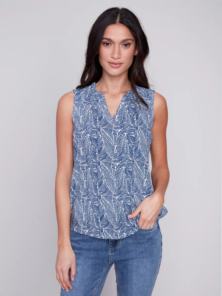 Crinkle Cotton Sleveless V-Neck Top