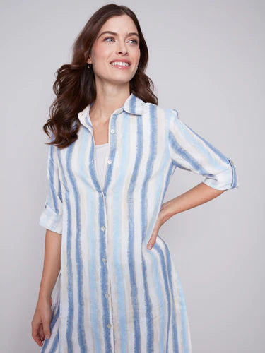 Linen Roll-Sleeve Maxi Shirtdress