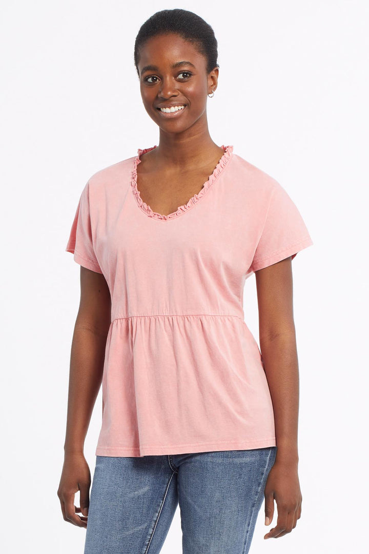 Short Sleeve V-Neck Jersey Top With Frill