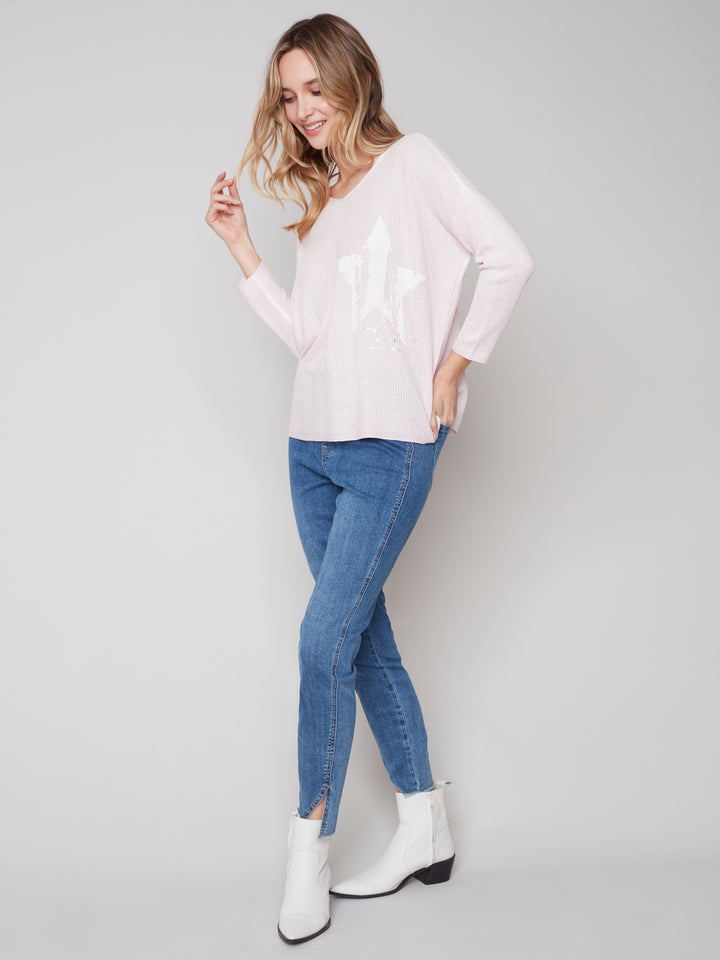 Long Sleeve V-Neck Knit Print Top