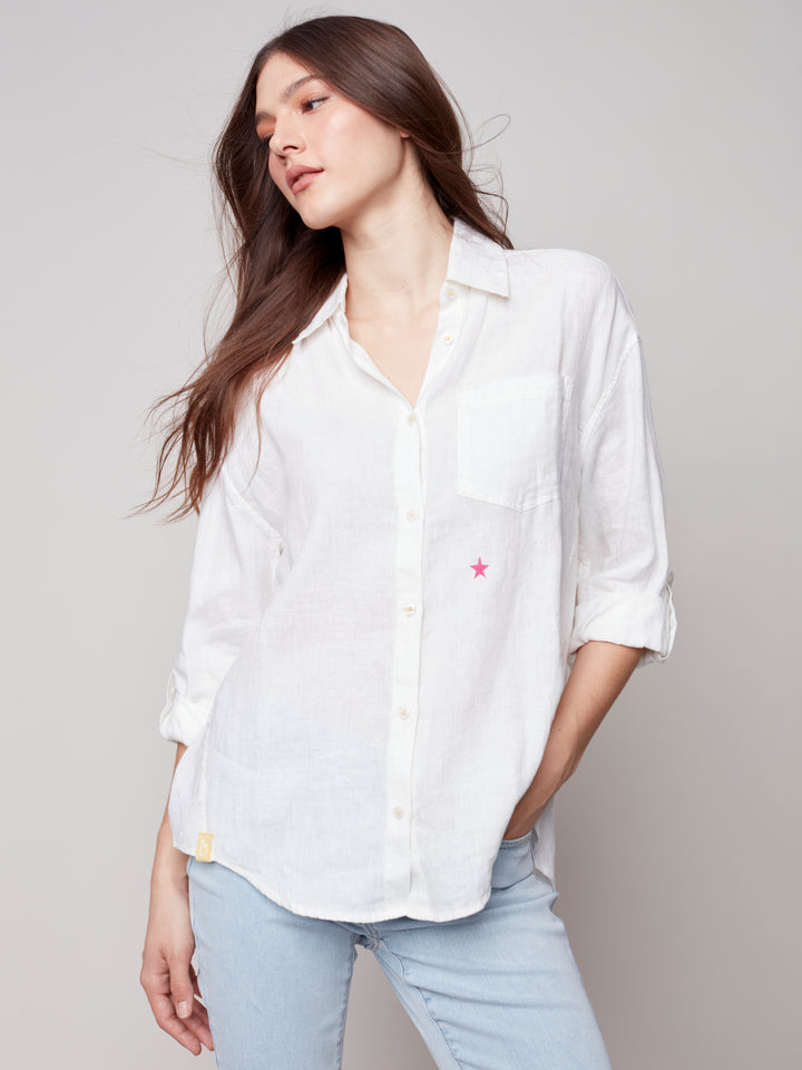 Long Sleeve Star Print Linen Shirt